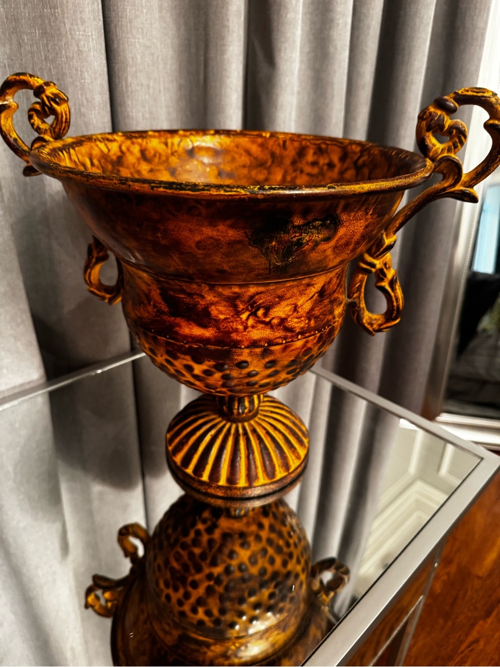 Decorative Amber Gold heavy metal  Trophy Vase with Ornate Handles.